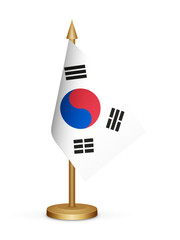 South Korea desk flag mockup 3d illustration. Realistic table flag of South Korea transparent png
