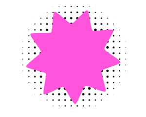 Pink starburst shape with black halftone dotted background for sale sticker, comic design, poster, and pop art graphic