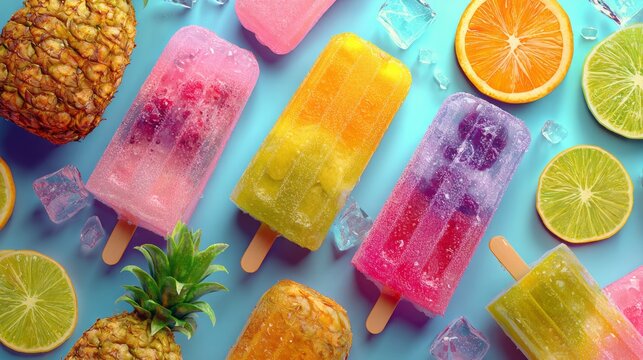 Summer popsicle in tropical paradise setting with bright vibrant colors and melted water droplets in a fun close-up dessert concept