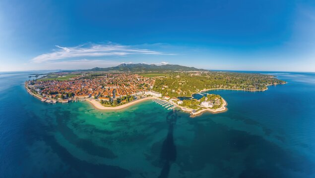 Aerial view of Kvarner Bay featuring Croatian coastal towns, highlighting urban density