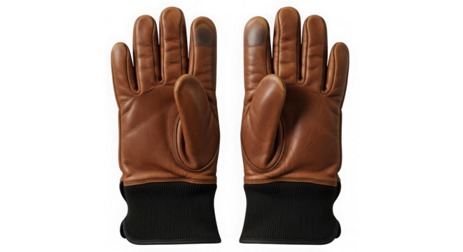 Brown leather gloves with ribbed cuffs, isolated product shot