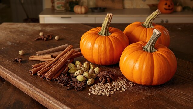 Fresh pumpkins paired with natural spices like cinnamon, cloves, cardamom, and nutmeg on a rustic wooden surface, overhead shot - Powered by Adobe