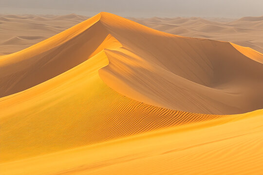 Golden light accentuating the elegant, curved formations of desert dune