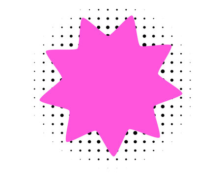 Pink starburst shape with black halftone dotted background for sale sticker, comic design, poster, and pop art graphic