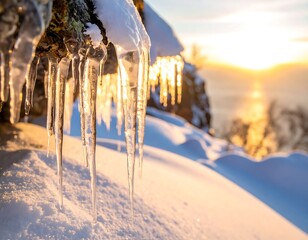 Close-up of icicles hanging from a rock formation, illuminated by the winter sunset