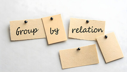 Flat lay of scattered paper tags labeled with keywords