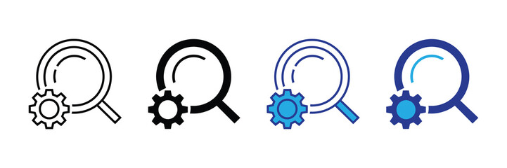 Search icon with gear symbol, representing search settings, configuration, or optimization, isolated on white background
