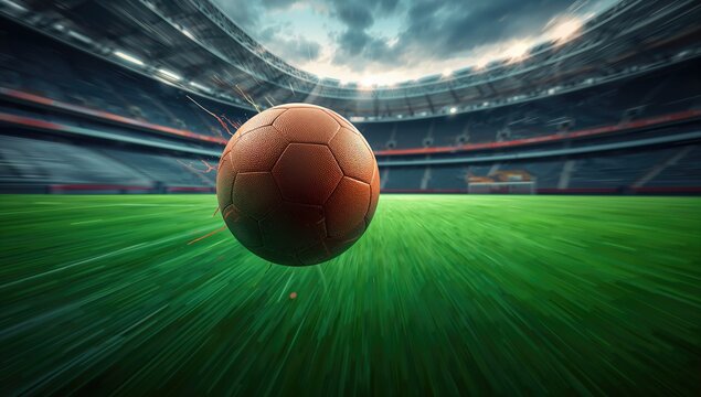 A soccer ball with immense force being struck in a sports arena, showcasing athletic intensity - Powered by Adobe