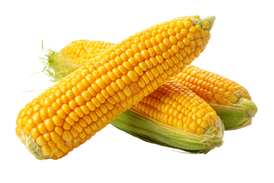 Three ripe yellow corn cobs with green husks isolated on transparent background