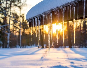 Close-up of icicles hanging from a snow-covered roof, golden sunlight in the winter woods