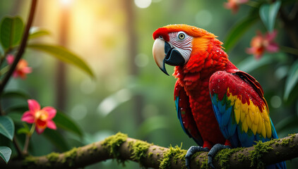 Obraz premium Exotic parrot sits among vivid orchids in warm rainforest light with shallow depth