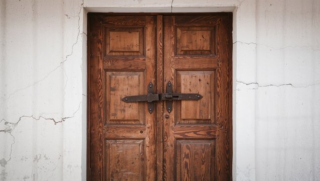Rustic wooden double doors with antique lamp and weathered lock on cracked white cement wall, vintage home exterior texture