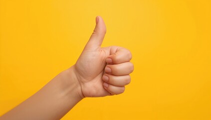 Children's hands making a thumbs up gesture against a bright yellow backdrop, creative background for text and layout