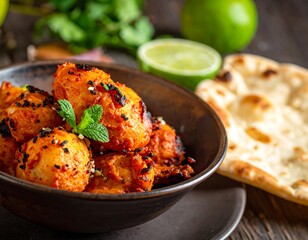 Close-up of Indian-inspired dish with potatoes and naan, garnished with mint and lime