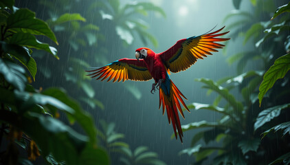 Colorful bird in motion with lush rainforest leaves and misty soft lighting