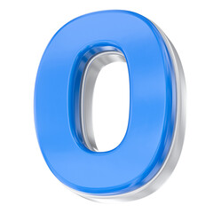 High Quality 3D Render of Blue Glossy Number Zero Isolated with Metallic Chrome Edges.
