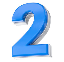 Modern volumetric blue digit 2 rendering, featuring glossy lacquer and chrome trim effect.