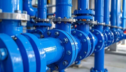 Close-up of industrial, blue pipes with flange connections, showcasing engineering and infrastructure