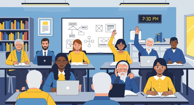 Diverse group of people attending a class or workshop in a modern classroom setting