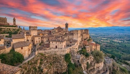 Obraz premium Landscape of Matera under a sunset sky, showcasing architectural features and urban design, with a focus on preservation