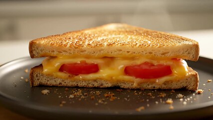Closeup of a delicious, hot grilled cheese and tomato sandwich on a dark plate. Golden toasted bread with melted cheese and fresh tomatoes - Powered by Adobe