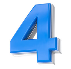 Blue Glossy 3D Numeral Four  4  with Silver Trim Isolated on a Clean White Background.