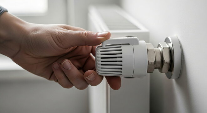 Person adjusting white radiator thermostat. Hand turning knob heat regulator on central heating appliance. Energy saving comfort concept. Cloud Dancer Color of the Year 2026