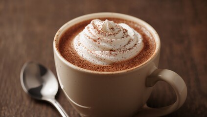 Hot cocoa mug topped with whipped cream and a spoon, a comforting beverage option for cold days