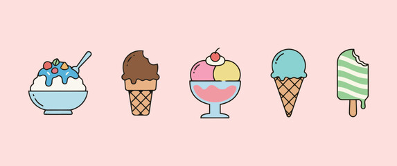 Sweet and colorful cartoon vector icons of various ice cream desserts like cones, sundaes, and popsicles, ideal for summer, treats, and food menu designs.