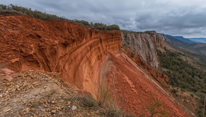 Obraz premium A substantial earthslide impacting a clay cliff bank in a coastal region, erosion risk