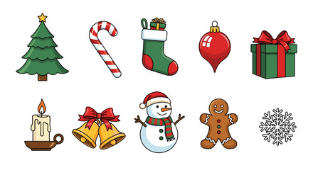 Collection of christmas themed clip art including tree candy cane and snowman illustration vector design