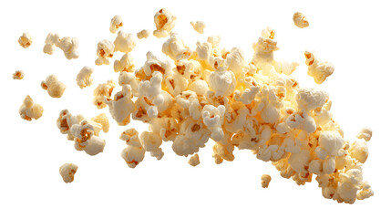 Explosion of fluffy popcorn kernels flying through the air isolated on transparent background