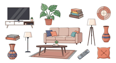 Fototapeta premium Illustration of a cozy living room setup with furniture and decor elements in a cartoon style
