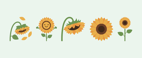 Adorable set of sunflower vector illustrations in different poses and emotional states, from happy and smiling to droopy and wilted, representing nature and mood concepts.