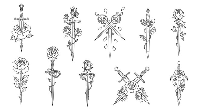 Line art illustration featuring various swords intertwined with roses and floral elements in a tattoo style
