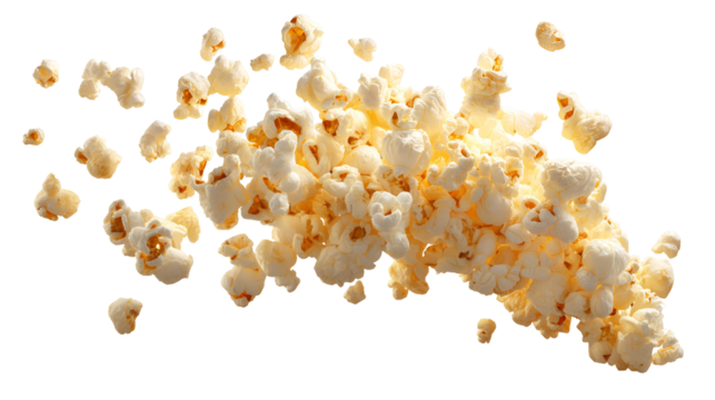 Explosion of fluffy popcorn kernels flying through the air isolated on transparent background