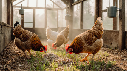 The trio is full of life and energy, pecking at grains. Diffused light through the ceiling enhances the mood.