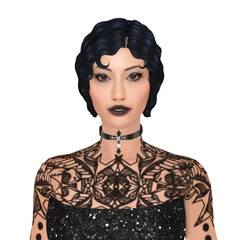 Beautiful young Asian woman with short curly hair wearing a black dress and a tattoo, isolated portrait illustration