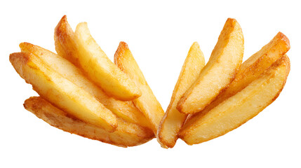 Crispy golden potato wedges arranged in a fan shape isolated on transparent background