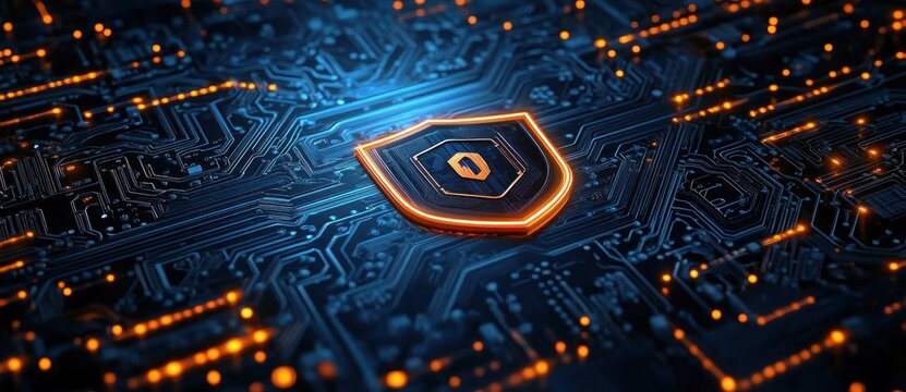 Close-up of a glowing digital shield icon embedded on a detailed dark blue and black circuit board representing cybersecurity and data protection - Powered by Adobe