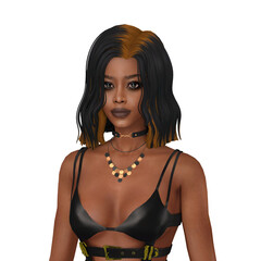 Beautiful young woman with dark skin and gothic hair wearing a black leather bra, isolated portrait illustration
