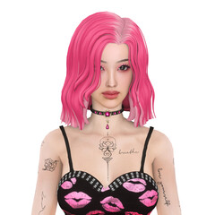 Beautiful young Asian woman with pink bob hair wearing a gothic dress and tattoos, isolated portrait illustration