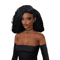 Beautiful young black woman with posh afro hair dressed in black, isolated portrait illustration