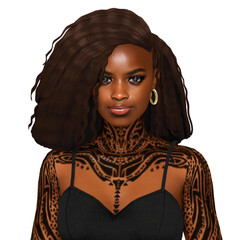 Beautiful young black woman with posh afro hair and a tattoo, dressed in black, isolated portrait illustration