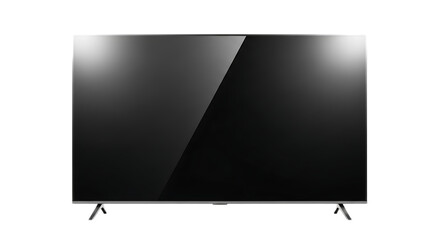 Isolated view of a modern flat screen television with a reflective screen on a black background