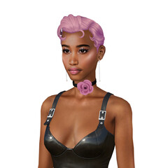 Beautiful young woman with brown skin and short pink hair wearing black, isolated portrait illustration