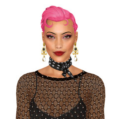 Beautiful young woman with brown skin and short pink hair wearing black, isolated portrait illustration
