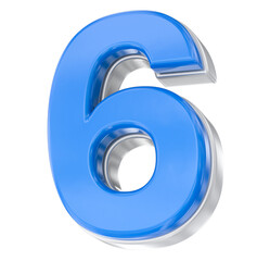 Bright Blue Glossy 3D Number Six with Chrome Metallic Border Isolated on White Background