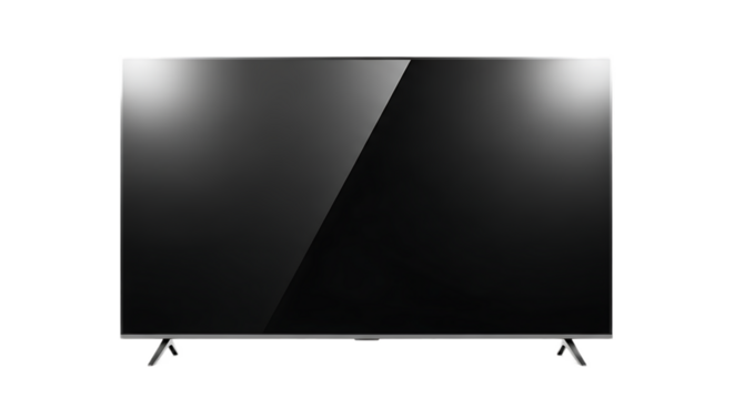 Isolated view of a modern flat screen television with a reflective screen on a black background