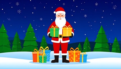 Cartoon illustration featuring a jolly, bearded figure in a red suit, holding gifts. Night background, fir trees, snow and snowflakes